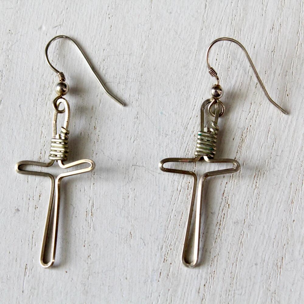 Artisan/Handmade Sterling Silver 925 Wrapped Wire Cross-Shaped Dangle Earrings